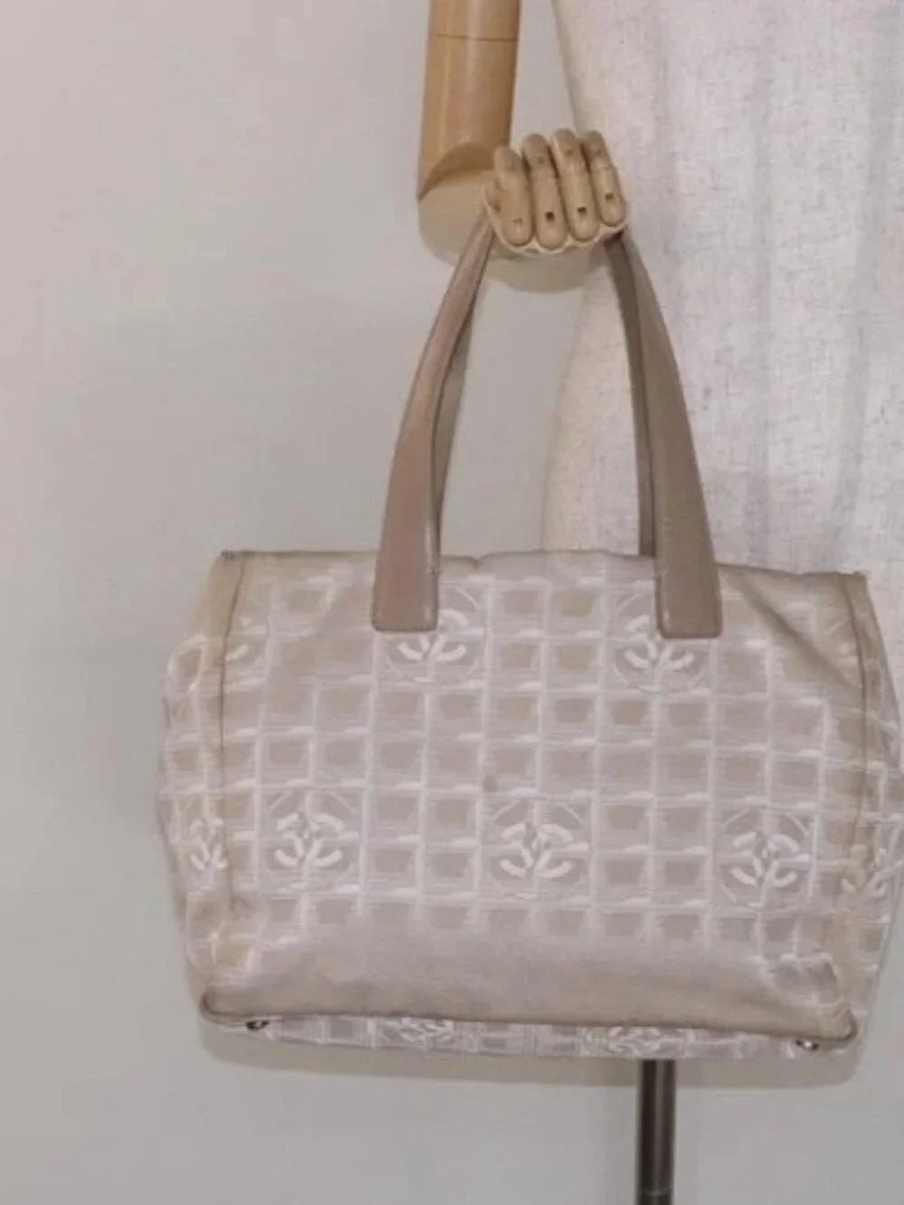 CHANEL New Travel line Hand Bag Beige Silver CC Auth 141486